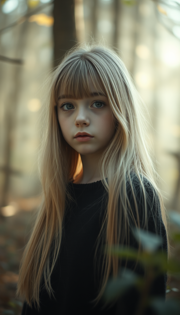 A young, cute girl with long, two-toned blond long straight hair and bangs, wearing a black sweater, stands in a mystical forest. The scene is ethereal, with soft, glowing light filtering through the trees. The background is a hazy white, with delicate, swirling patterns and pastel colors.
