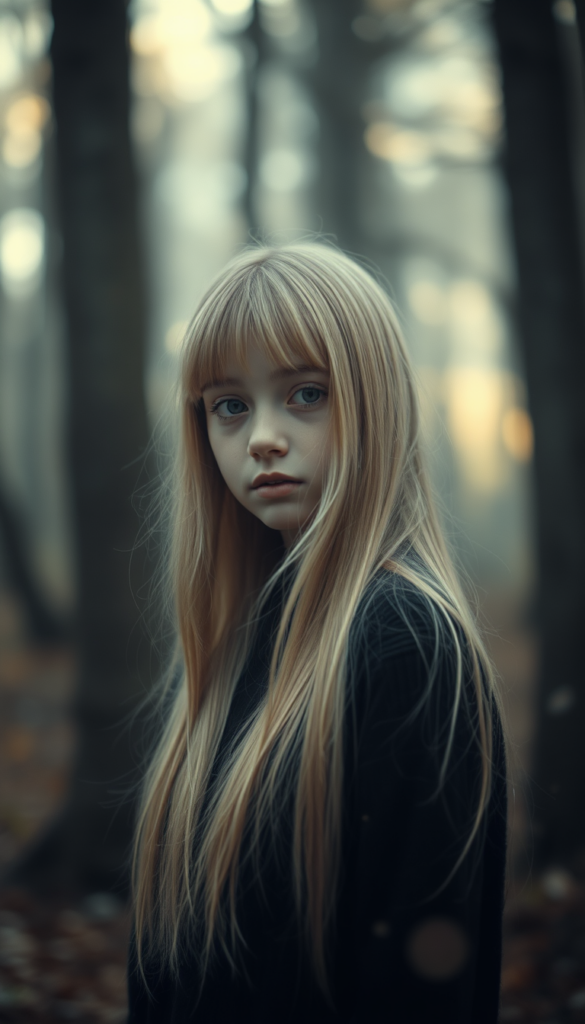 A young, cute girl with long, two-toned blond long straight hair and bangs, wearing a black sweater, stands in a mystical forest. The scene is ethereal, with soft, glowing light filtering through the trees. The background is a hazy white, with delicate, swirling patterns and pastel colors.