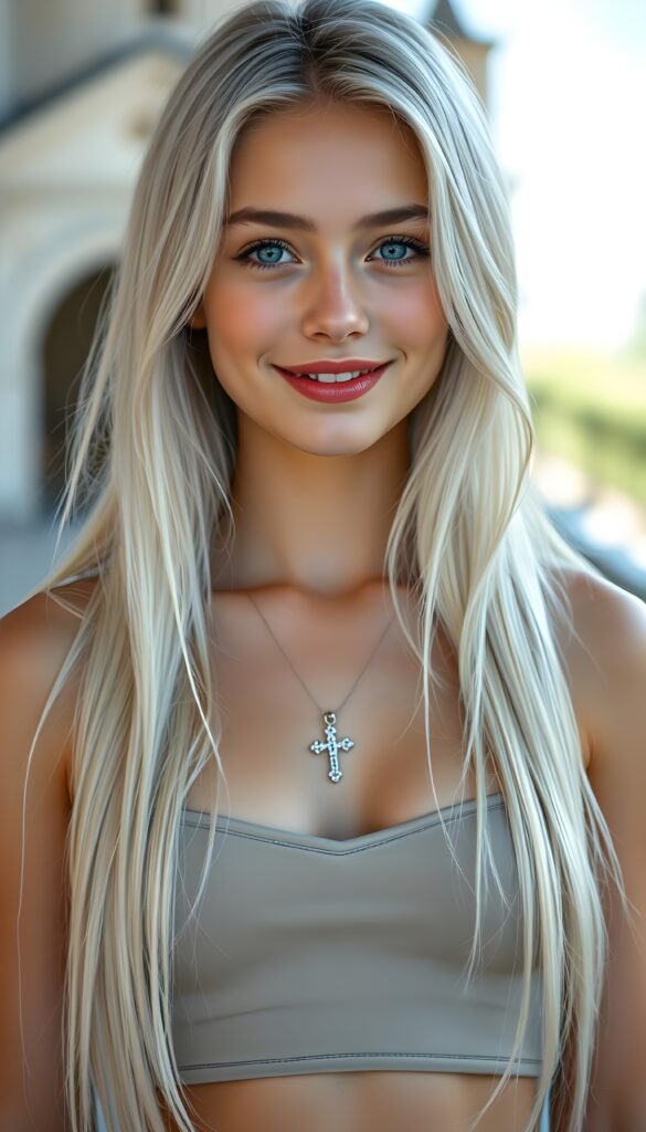 A young cute petite well busty teen girl with a round face, flawless skin, light blue eyes, very long, straight, smooth, snow-white hair like a waterfall, and red lips is smiling. She is wearing a thin, simple spanned cropped tube top that accentuates her perfect figure, deep v-neck. She wears a necklace in a cross shape. All against a backdrop with a church.