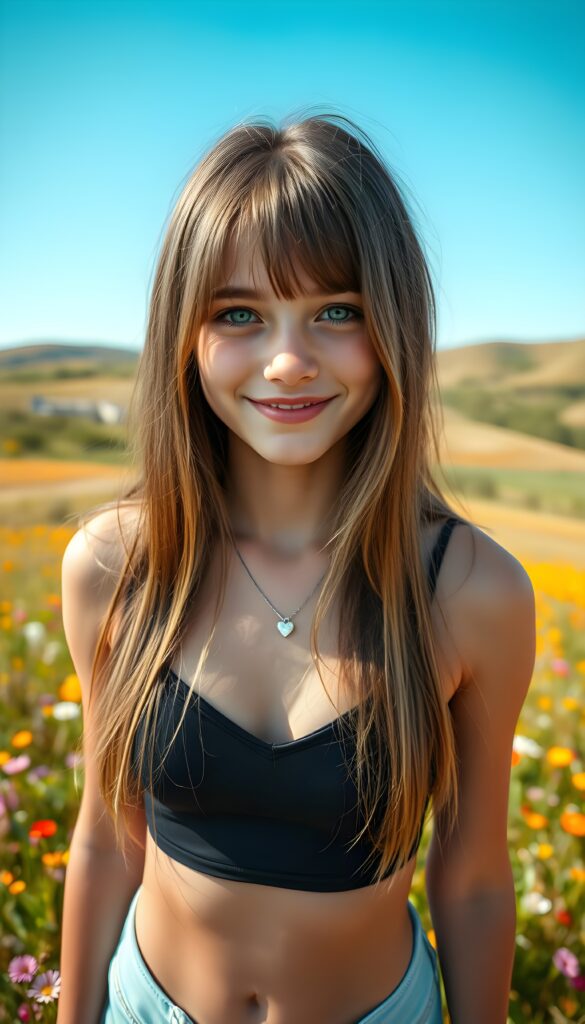 A young, cute teenage girl with a beautiful round face stands in a sunlit meadow, her long, straight jet brown-blond hair cascading down her shoulders. She has reflective light blue eyes and a flawless complexion. She's wearing a thin black cropped spaghetti tank top with a deep V-neck. The image is taken from a high angle, capturing her from above as she smiles mischievously. The background is a vibrant, colorful landscape with wildflowers and rolling hills under a clear blue sky, adding a dreamy, whimsical touch to the scene. She wears a fine, silver necklace with a heart.