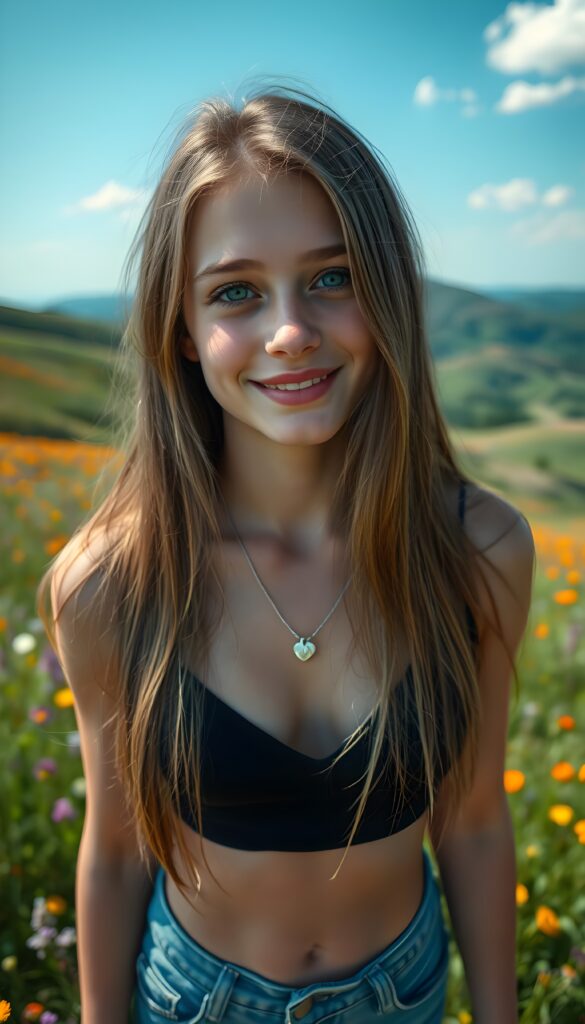 A young, cute teenage girl with a beautiful round face stands in a sunlit meadow, her long, straight jet brown-blond hair cascading down her shoulders. She has reflective light blue eyes and a flawless complexion. She's wearing a thin black cropped spaghetti tank top with a deep V-neck. The image is taken from a high angle, capturing her from above as she smiles mischievously. The background is a vibrant, colorful landscape with wildflowers and rolling hills under a clear blue sky, adding a dreamy, whimsical touch to the scene. She wears a fine, silver necklace with a heart.