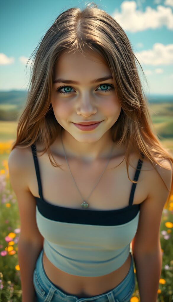 A young, cute teenage girl with a beautiful round face stands in a sunlit meadow, her long, straight jet brown-blond hair cascading down her shoulders. She has reflective light blue eyes and a flawless complexion. She's wearing a thin black cropped spaghetti tank top with a deep V-neck. The image is taken from a high angle, capturing her from above as she smiles mischievously. The background is a vibrant, colorful landscape with wildflowers and rolling hills under a clear blue sky, adding a dreamy, whimsical touch to the scene. She wears a fine, silver necklace with a heart.