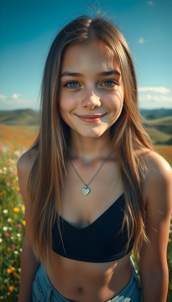 A young, cute teenage girl with a beautiful round face stands in a sunlit meadow, her long, straight jet brown-blond hair cascading down her shoulders. She has reflective light blue eyes and a flawless complexion. She's wearing a thin black cropped spaghetti tank top with a deep V-neck. The image is taken from a high angle, capturing her from above as she smiles mischievously. The background is a vibrant, colorful landscape with wildflowers and rolling hills under a clear blue sky, adding a dreamy, whimsical touch to the scene. She wears a fine, silver necklace with a heart.
