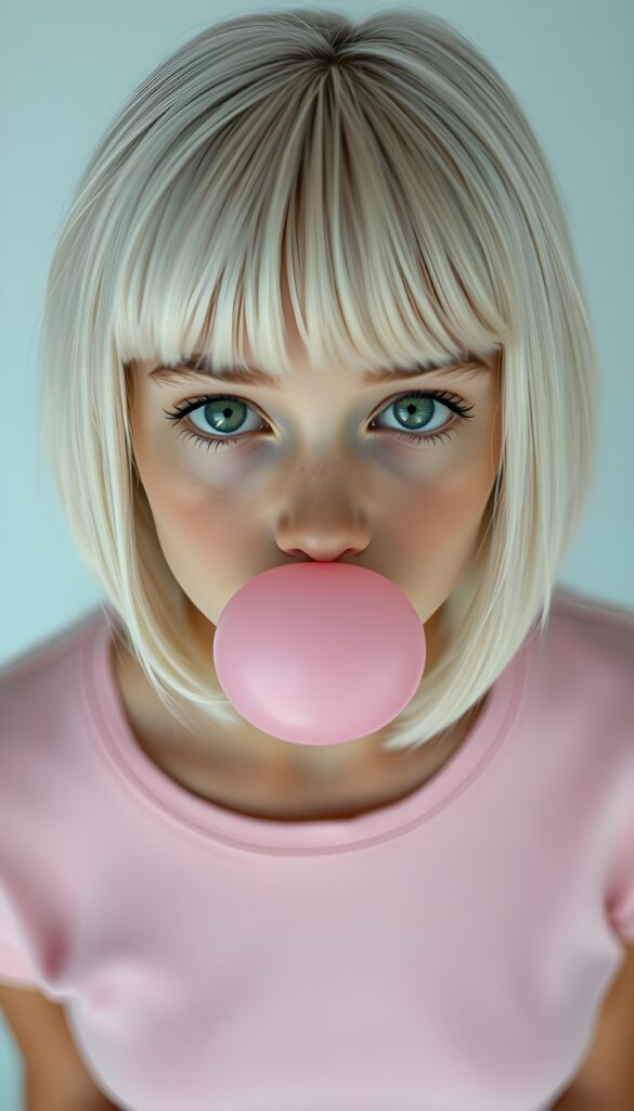 A young cute teenage girl with shoulder-length white hair in a perfect bob and bangs cut giving the camera a cheeky look. She is wearing only a tight pink plain t-shirt made of fine wool. She has round big green eyess. Looks seductive. All against a white plain backdrop. View from above and she looks up to the viewer. She makes a big bubble-gum made of pink gum.