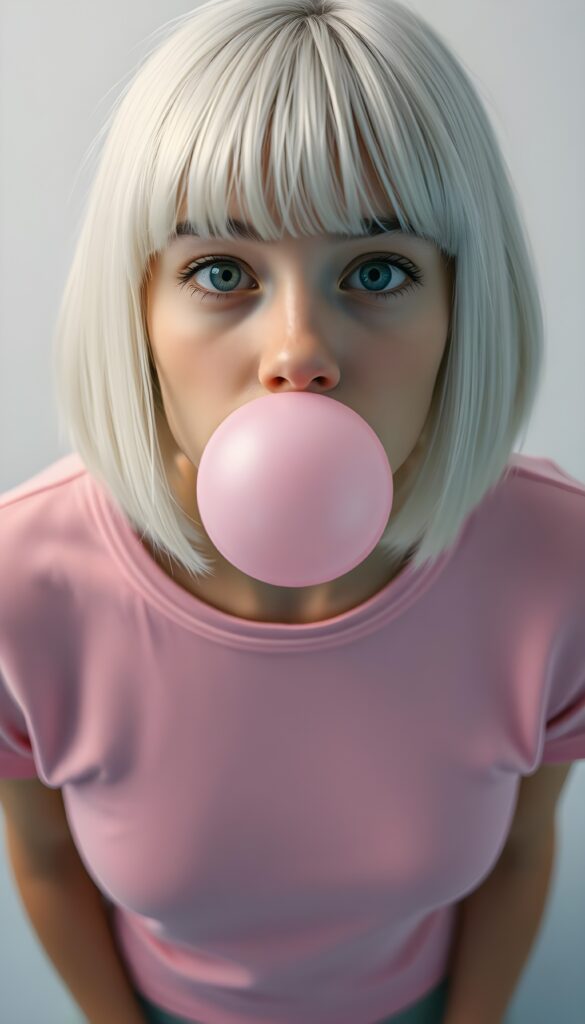 A young cute teenage girl with shoulder-length white hair in a perfect bob and bangs cut giving the camera a cheeky look. She is wearing only a tight pink plain t-shirt made of fine wool. She has round big green eyess. Looks seductive. All against a white plain backdrop. View from above and she looks up to the viewer. She makes a big bubble-gum made of pink gum.