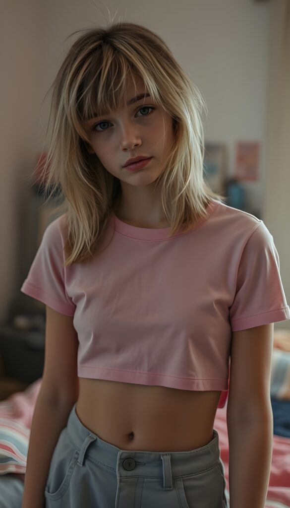 A young cute teen girl with disheveled straight blonde messy hair and brown highlights, bangs, looking pensive, she is in her room with pastel walls. She wears a pink thin short cropped t-shirt and light grey cargo pants. Upper body photo shot. Round cute dark belly button.