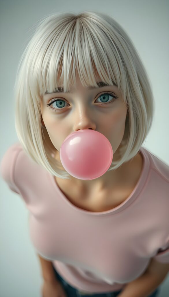 A young cute teenage girl with shoulder-length white hair in a perfect bob and bangs cut giving the camera a cheeky look. She is wearing only a tight pink plain t-shirt made of fine wool. She has round big green eyess. Looks seductive. All against a white plain backdrop. View from above and she looks up to the viewer. She makes a big bubble-gum made of pink gum.