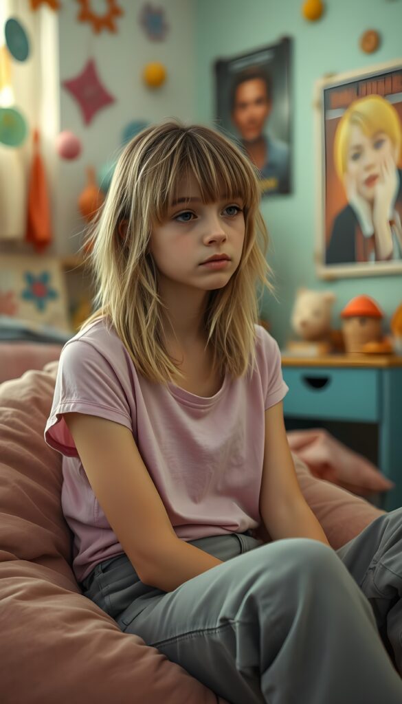 A young cute teen girl with disheveled straight blonde messy hair and brown highlights, bangs, looking pensive, she is sitting on a bean bag in her room with pastel walls. She wears a pink thin t-shirt and light grey cargo pants.