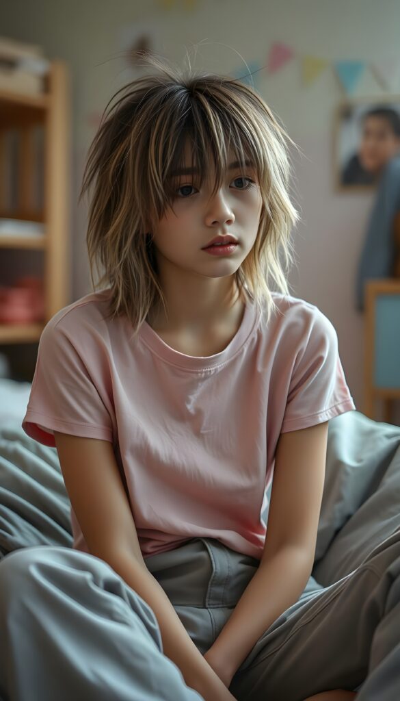 A young cute teen girl with disheveled straight blonde messy hair and brown highlights, bangs, looking pensive, she is sitting on a bean bag in her room with pastel walls. She wears a pink thin t-shirt and light grey cargo pants.