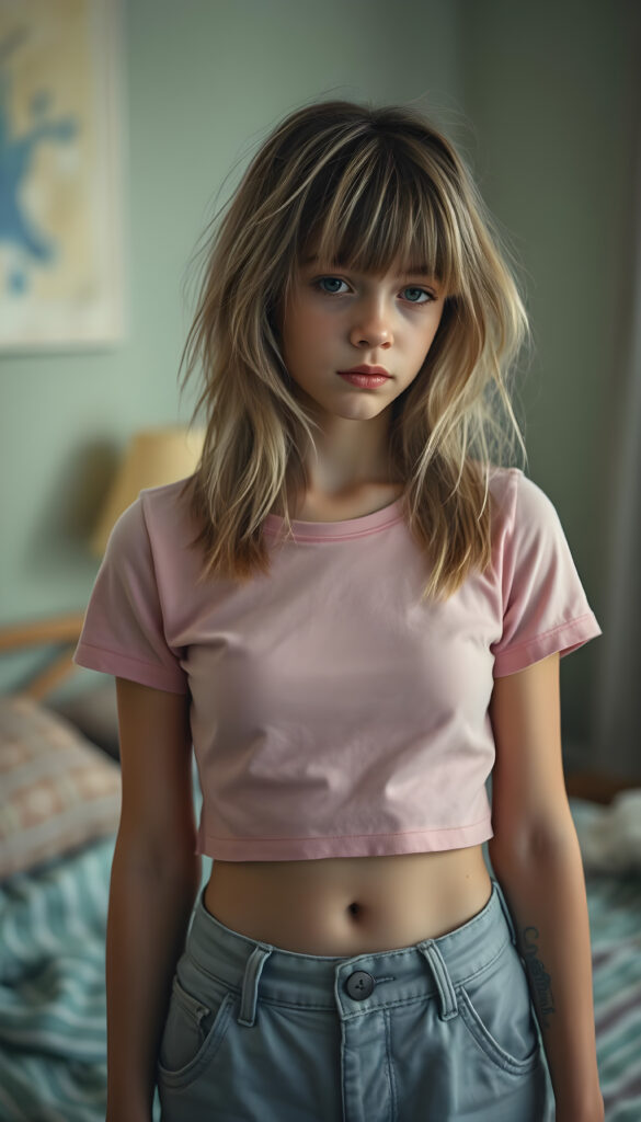 A young cute teen girl with disheveled straight blonde messy hair and brown highlights, bangs, looking pensive, she is in her room with pastel walls. She wears a pink thin short cropped t-shirt and light grey cargo pants. Upper body photo shot. Round cute dark belly button.