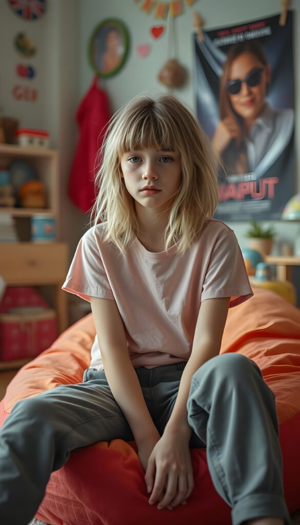 A young cute teen girl with disheveled straight blonde messy hair and brown highlights, bangs, looking pensive, she is sitting on a bean bag in her room with pastel walls. She wears a pink thin t-shirt and light grey cargo pants.
