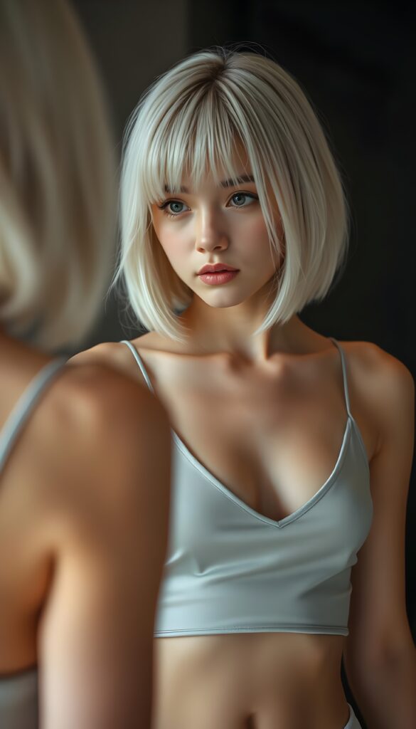 A young cute teen girl looks at herself in the mirror, bob white straight hairstyle, wearing a tight, plain silver glittering spaghetti cropped tank top, deep v-neck, perfect female body, pose seductive, dimmed backdrop.