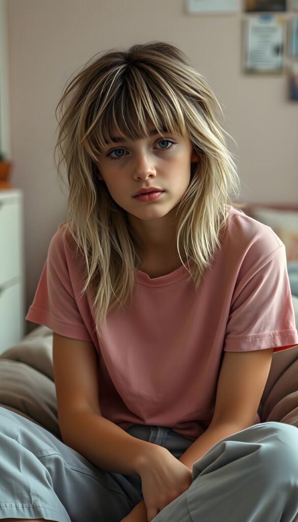 A young cute teen girl with disheveled straight blonde messy hair and brown highlights, bangs, looking pensive, she is sitting on a bean bag in her room with pastel walls. She wears a pink thin t-shirt and light grey cargo pants.