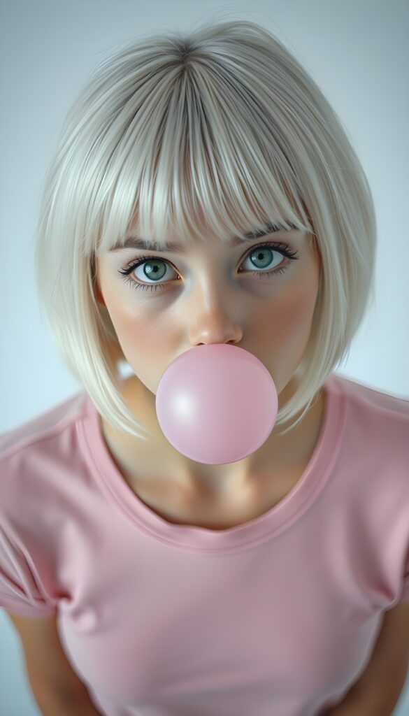 A young cute teenage girl with shoulder-length white hair in a perfect bob and bangs cut giving the camera a cheeky look. She is wearing only a tight pink plain t-shirt made of fine wool. She has round big green eyess. Looks seductive. All against a white plain backdrop. View from above and she looks up to the viewer. She makes a big bubble-gum made of pink gum.