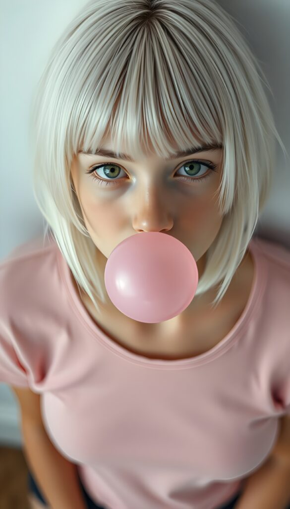 A young cute teenage girl with shoulder-length white hair in a perfect bob and bangs cut giving the camera a cheeky look. She is wearing only a tight pink plain t-shirt made of fine wool. She has round big green eyess. Looks seductive. All against a white plain backdrop. View from above and she looks up to the viewer. She makes a big bubble-gum made of pink gum.