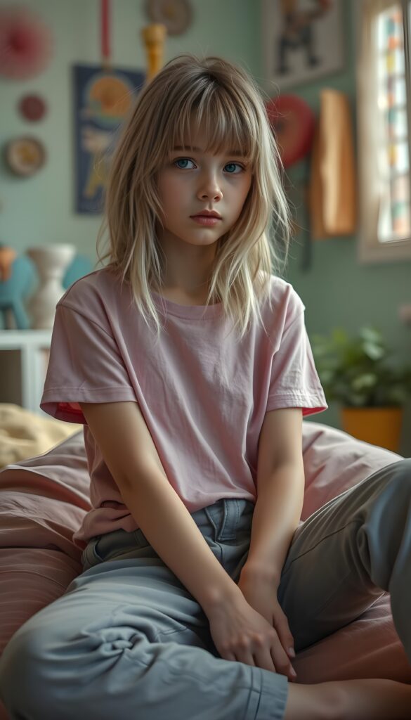 A young cute teen girl with disheveled straight blonde messy hair and brown highlights, bangs, looking pensive, she is sitting on a bean bag in her room with pastel walls. She wears a pink thin t-shirt and light grey cargo pants.