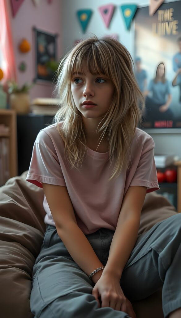 A young cute teen girl with disheveled straight blonde messy hair and brown highlights, bangs, looking pensive, she is sitting on a bean bag in her room with pastel walls. She wears a pink thin t-shirt and light grey cargo pants.