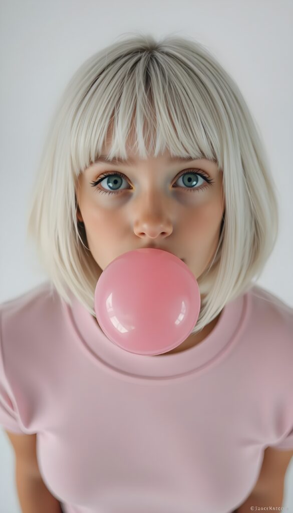 A young cute teenage girl with shoulder-length white hair in a perfect bob and bangs cut giving the camera a cheeky look. She is wearing only a tight pink plain t-shirt made of fine wool. She has round big green eyess. Looks seductive. All against a white plain backdrop. View from above and she looks up to the viewer. She makes a big bubble-gum made of pink gum.