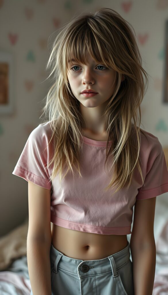 A young cute teen girl with disheveled straight blonde messy hair and brown highlights, bangs, looking pensive, she is in her room with pastel walls. She wears a pink thin short cropped t-shirt and light grey cargo pants. Upper body photo shot. Round cute dark belly button.