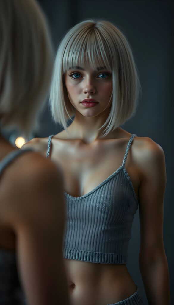 A young cute teen girl looks at herself in the mirror, bob white straight hairstyle, wearing a tight, plain silver glittering spaghetti cropped tank top, deep v-neck, perfect female body, pose seductive, dimmed backdrop.