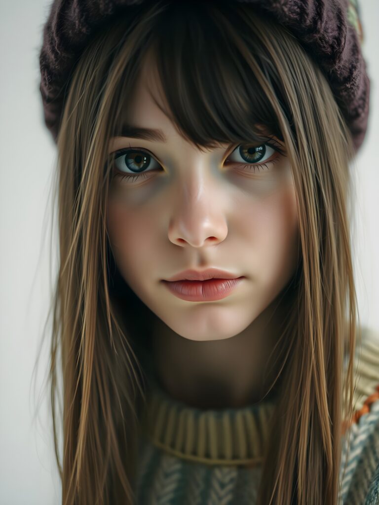 A young, cute woman. She has long, straight chestnut brown hair. Her face is round and flawlessly beautiful. Her dark eyes with large black pupils look cute and peaceful. She has pink, kissable lips and a small nose. She wears a colorful, rainbow-colored, very fine sweater and a woolen hat. Her hair falls gently over her forehead. All this against a white, plain backdrop. The focus is on her face.