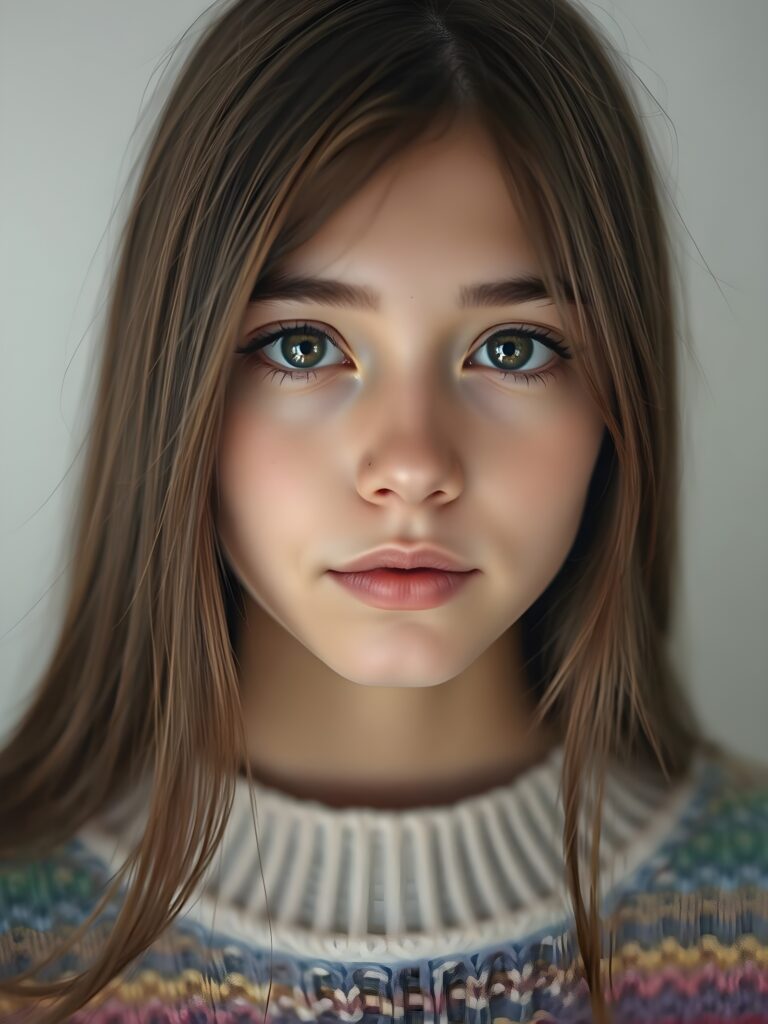 A young, cute woman. She has long, straight chestnut brown hair. Her face is round and flawlessly beautiful. Her dark eyes with large black pupils look cute and peaceful. She has pink, kissable lips and a small nose. She wears a colorful, rainbow-colored, very fine sweater. Her hair falls gently over her forehead. All this against a white, plain backdrop. The focus is on her face. Her mouth is slightly open, white teeth.