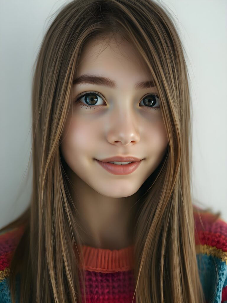 A young, cute woman. She has long, straight chestnut brown hair. Her face is round and flawlessly beautiful. Her dark eyes with large black pupils look cute and peaceful. She has pink, kissable lips and a small nose. She wears a colorful, rainbow-colored, very fine sweater. Her hair falls gently over her forehead. All this against a white, plain backdrop. The focus is on her face. Her mouth is slightly open, white teeth.