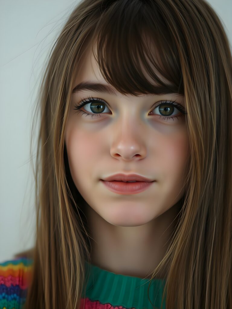 A young, cute woman. She has long, straight chestnut brown hair. Her face is round and flawlessly beautiful. Her dark eyes with large black pupils look cute and peaceful. She has pink, kissable lips and a small nose. She wears a colorful, rainbow-colored, very fine sweater. Her hair falls gently over her forehead. All this against a white, plain backdrop. The focus is on her face. Her mouth is slightly open, white teeth.