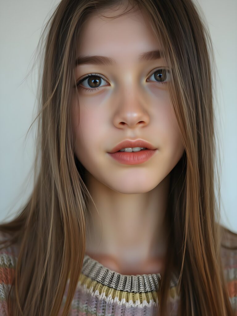 A young, cute woman. She has long, straight chestnut brown hair. Her face is round and flawlessly beautiful. Her dark eyes with large black pupils look cute and peaceful. She has pink, kissable lips and a small nose. She wears a colorful, rainbow-colored, very fine sweater. Her hair falls gently over her forehead. All this against a white, plain backdrop. The focus is on her face. Her mouth is slightly open, white teeth.