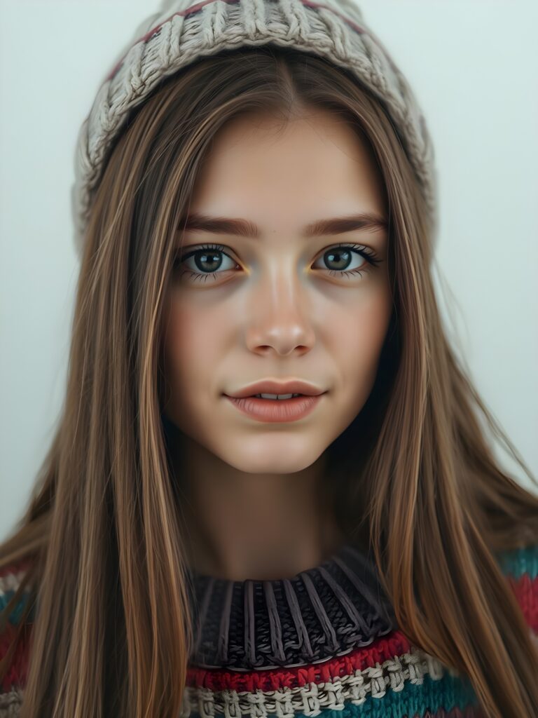 A young, cute woman. She has long, straight chestnut brown hair. Her face is round and flawlessly beautiful. Her dark eyes with large black pupils look cute and peaceful. She has pink, kissable lips and a small nose. She wears a colorful, rainbow-colored, very fine sweater and a woolen hat. Her hair falls gently over her forehead. All this against a white, plain backdrop. The focus is on her face.