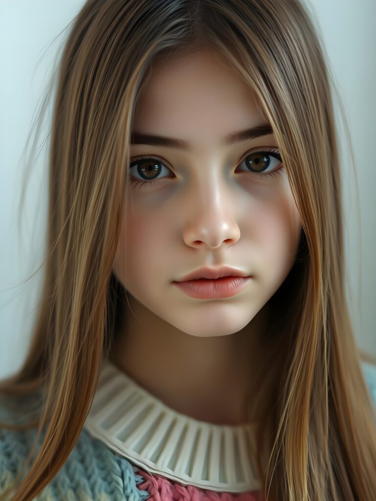 A young, cute woman. She has long, straight chestnut brown hair. Her face is round and flawlessly beautiful. Her dark eyes with large black pupils look cute and peaceful. She has pink, kissable lips and a small nose. She wears a colorful, rainbow-colored, very fine sweater. Her hair falls gently over her forehead. All this against a white, plain backdrop. The focus is on her face. Her mouth is slightly open, white teeth.