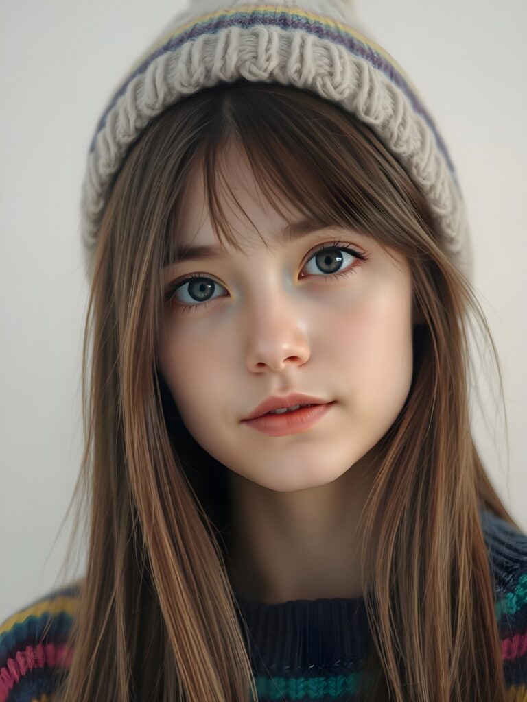 A young, cute woman. She has long, straight chestnut brown hair. Her face is round and flawlessly beautiful. Her dark eyes with large black pupils look cute and peaceful. She has pink, kissable lips and a small nose. She wears a colorful, rainbow-colored, very fine sweater and a woolen hat. Her hair falls gently over her forehead. All this against a white, plain backdrop. The focus is on her face.