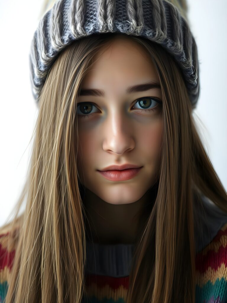 A young, cute woman. She has long, straight chestnut brown hair. Her face is round and flawlessly beautiful. Her dark eyes with large black pupils look cute and peaceful. She has pink, kissable lips and a small nose. She wears a colorful, rainbow-colored, very fine sweater and a woolen hat. Her hair falls gently over her forehead. All this against a white, plain backdrop. The focus is on her face.