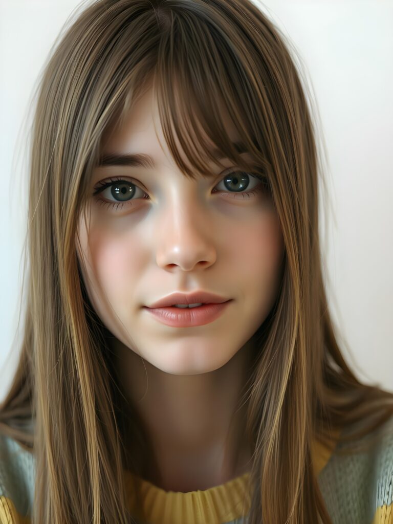 A young, cute woman. She has long, straight chestnut brown hair. Her face is round and flawlessly beautiful. Her dark eyes with large black pupils look cute and peaceful. She has pink, kissable lips and a small nose. She wears a colorful, rainbow-colored, very fine sweater. Her hair falls gently over her forehead. All this against a white, plain backdrop. The focus is on her face. Her mouth is slightly open, white teeth.