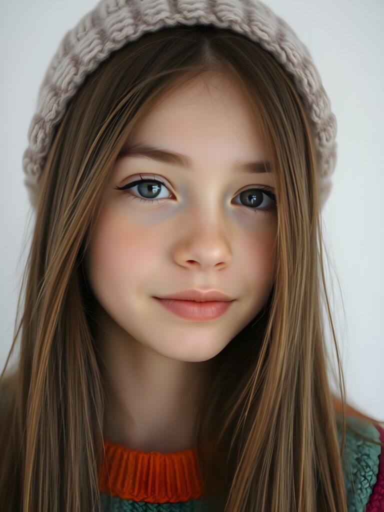 A young, cute woman. She has long, straight chestnut brown hair. Her face is round and flawlessly beautiful. Her dark eyes with large black pupils look cute and peaceful. She has pink, kissable lips and a small nose. She wears a colorful, rainbow-colored, very fine sweater and a woolen hat. Her hair falls gently over her forehead. All this against a white, plain backdrop. The focus is on her face.