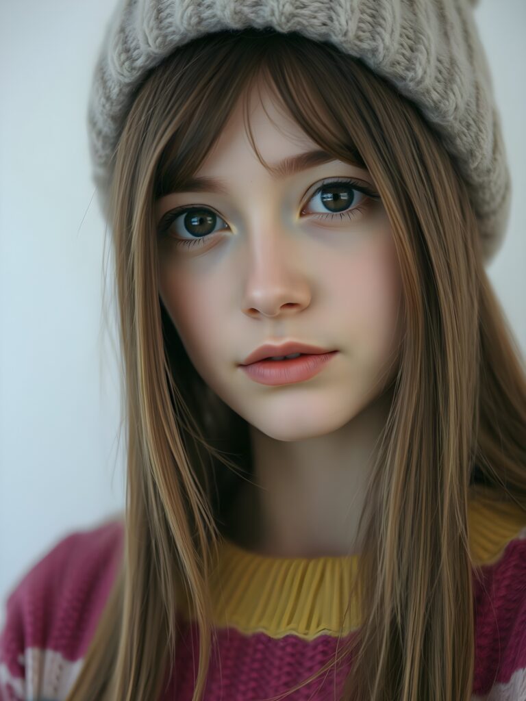 A young, cute woman. She has long, straight chestnut brown hair. Her face is round and flawlessly beautiful. Her dark eyes with large black pupils look cute and peaceful. She has pink, kissable lips and a small nose. She wears a colorful, rainbow-colored, very fine sweater and a woolen hat. Her hair falls gently over her forehead. All this against a white, plain backdrop. The focus is on her face.
