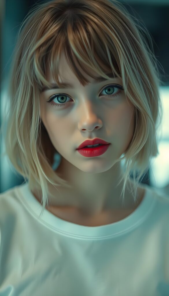 A young, delicate teenage girl with flawless skin, full red lips, and a round face; her fine, silky light-brown hair frame her face, her hair has blond highlights, bob cut and bangs. She looks seductively at the viewer. Her mouth is slightly open. Sensual. Peaceful. She wears a plain white thin t-shirt. She has wonderful green eyes. She tilts her head slightly to the side.