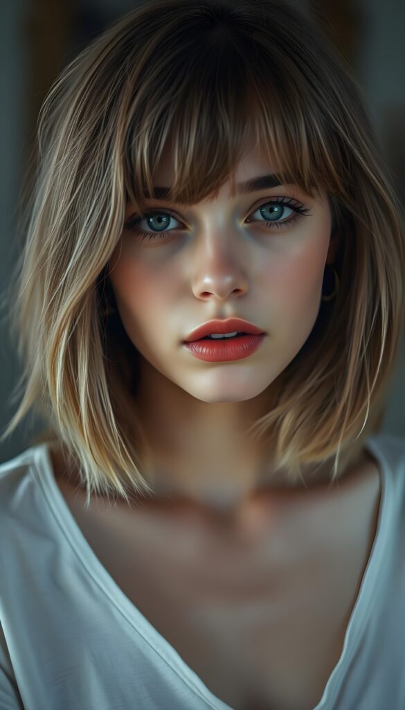 A young, delicate teenage girl with flawless skin, full red lips, and a round face; her fine, silky light-brown hair frame her face, her hair has blond highlights, bob cut and bangs. She looks seductively at the viewer. Her mouth is slightly open. Sensual. Peaceful. She wears a plain white thin t-shirt. She has wonderful green eyes. She tilts her head slightly to the side.