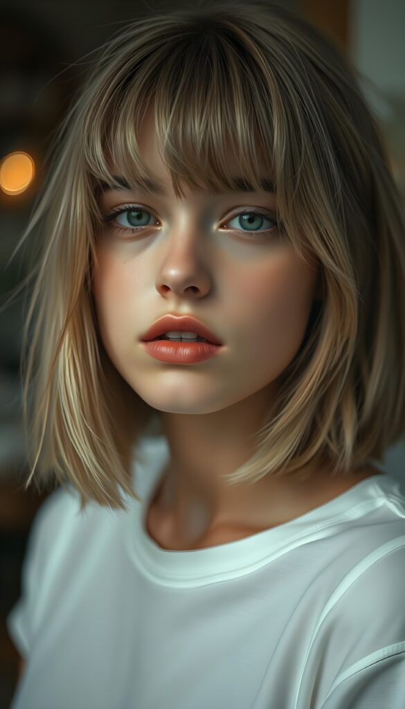 A young, delicate teenage girl with flawless skin, full red lips, and a round face; her fine, silky light-brown hair frame her face, her hair has blond highlights, bob cut and bangs. She looks seductively at the viewer. Her mouth is slightly open. Sensual. Peaceful. She wears a plain white thin t-shirt. She has wonderful green eyes. She tilts her head slightly to the side.