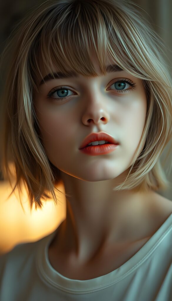 A young, delicate teenage girl with flawless skin, full red lips, and a round face; her fine, silky light-brown hair frame her face, her hair has blond highlights, bob cut and bangs. She looks seductively at the viewer. Her mouth is slightly open. Sensual. Peaceful. She wears a plain white thin t-shirt. She has wonderful green eyes. She tilts her head slightly to the side.