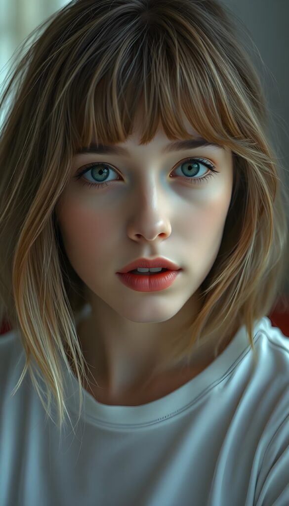 A young, delicate teenage girl with flawless skin, full red lips, and a round face; her fine, silky light-brown hair frame her face, her hair has blond highlights, bob cut and bangs. She looks seductively at the viewer. Her mouth is slightly open. Sensual. Peaceful. She wears a plain white thin t-shirt. She has wonderful green eyes. She tilts her head slightly to the side.
