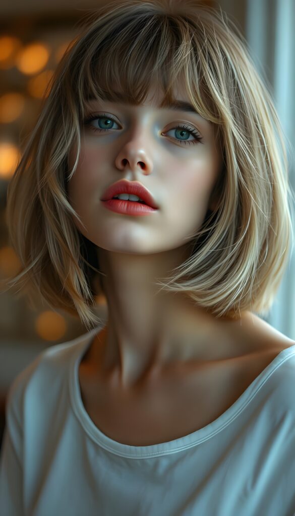A young, delicate teenage girl with flawless skin, full red lips, and a round face; her fine, silky light-brown hair frame her face, her hair has blond highlights, bob cut and bangs. She looks seductively at the viewer. Her mouth is slightly open. Sensual. Peaceful. She wears a plain white thin t-shirt. She has wonderful green eyes. She tilts her head slightly to the side.