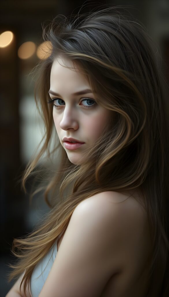 A young, enchanting woman with long, wavy chestnut brown hair cascading over her shoulders, she is dancing an play with her hair