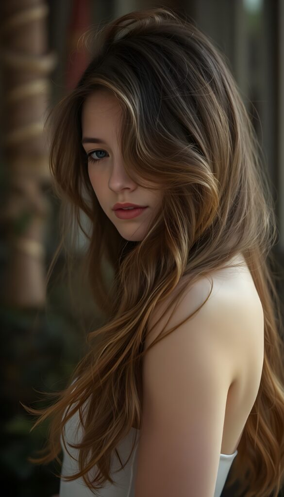 A young, enchanting woman with long, wavy chestnut brown hair cascading over her shoulders, she is dancing an play with her hair