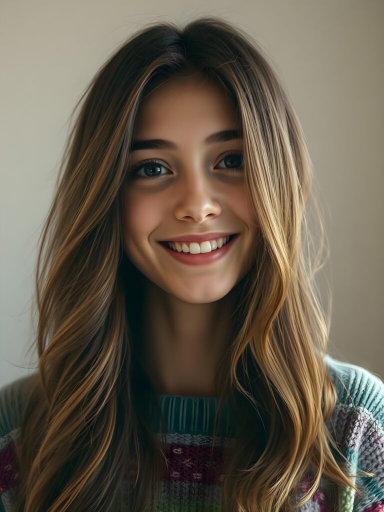 A young, enchanting woman with long, wavy chestnut brown hair cascading over her shoulders, her face oval and flawlessly radiant. Her dark, expressive eyes shimmer with joy, large black pupils reflecting a peaceful serenity. Her lips, a perfect shade of pink, are slightly parted, revealing a smile with bright, white teeth. She wears a vibrant, rainbow-colored sweater with intricate, fine-knit patterns, adding a touch of whimsy and color. The background is a soft, ethereal white, with gentle, luminous rays of light casting a magical glow around her, emphasizing her joyful expression and creating a dreamy, serene atmosphere.