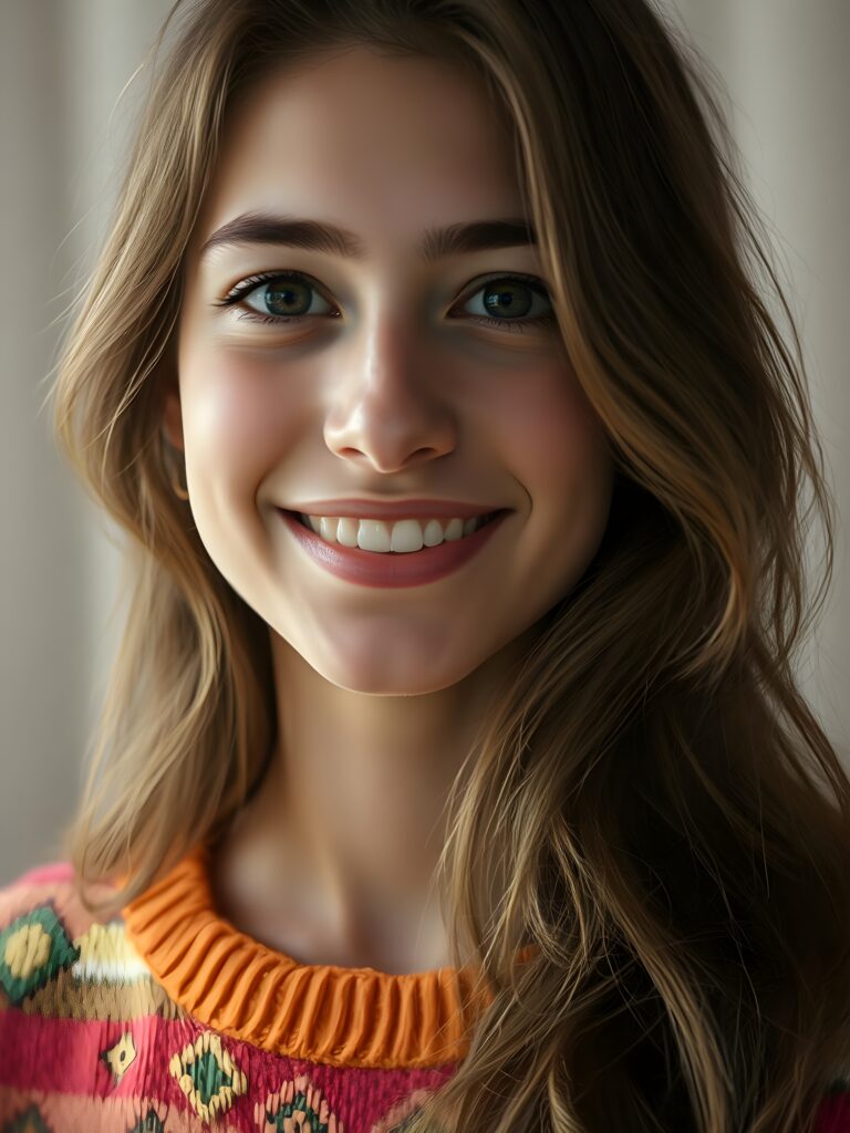 A young, enchanting woman with long, wavy chestnut brown hair cascading over her shoulders, her face oval and flawlessly radiant. Her dark, expressive eyes shimmer with joy, large black pupils reflecting a peaceful serenity. Her lips, a perfect shade of pink, are slightly parted, revealing a smile with bright, white teeth. She wears a vibrant, rainbow-colored sweater with intricate, fine-knit patterns, adding a touch of whimsy and color. The background is a soft, ethereal white, with gentle, luminous rays of light casting a magical glow around her, emphasizing her joyful expression and creating a dreamy, serene atmosphere.