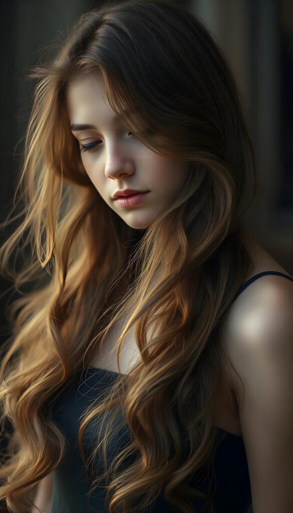 A young, enchanting woman with long, wavy chestnut brown hair cascading over her shoulders, she is dancing an play with her hair