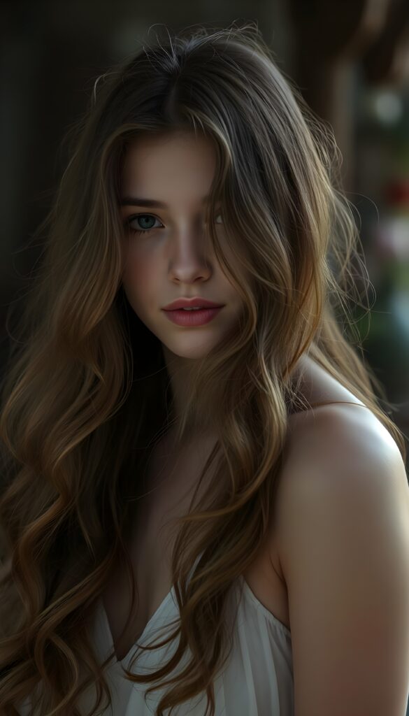 A young, enchanting woman with long, wavy chestnut brown hair cascading over her shoulders, she is dancing an play with her hair