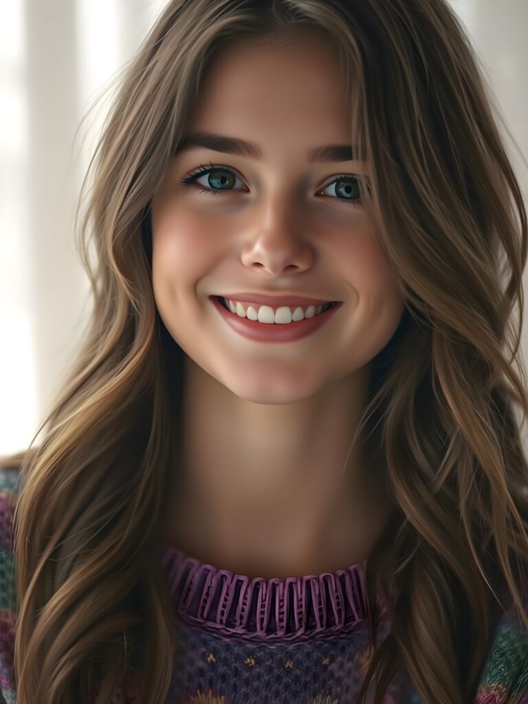 A young, enchanting woman with long, wavy chestnut brown hair cascading over her shoulders, her face oval and flawlessly radiant. Her dark, expressive eyes shimmer with joy, large black pupils reflecting a peaceful serenity. Her lips, a perfect shade of pink, are slightly parted, revealing a smile with bright, white teeth. She wears a vibrant, rainbow-colored sweater with intricate, fine-knit patterns, adding a touch of whimsy and color. The background is a soft, ethereal white, with gentle, luminous rays of light casting a magical glow around her, emphasizing her joyful expression and creating a dreamy, serene atmosphere.