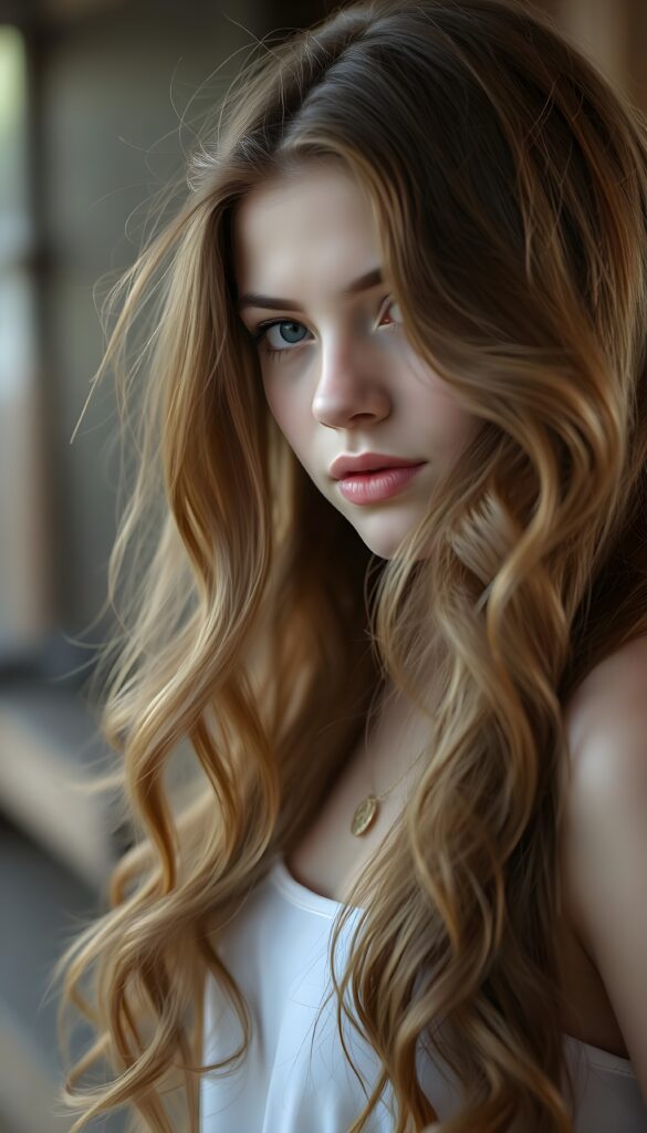 A young, enchanting woman with long, wavy chestnut brown hair cascading over her shoulders, she is dancing an play with her hair